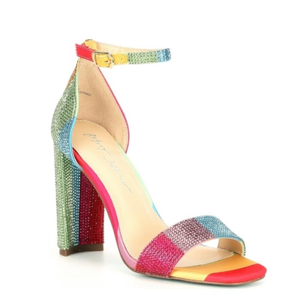 Betsey Johnson “Rina Stripe” Women’s Rainbow Rhinestone Embellished Heel Sz 6.5